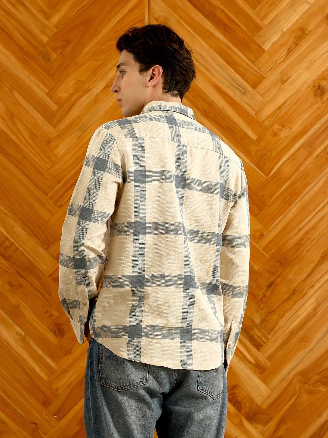 Beige And Blue Checkered Cotton Blend Full Sleeve Shirt - Image 4