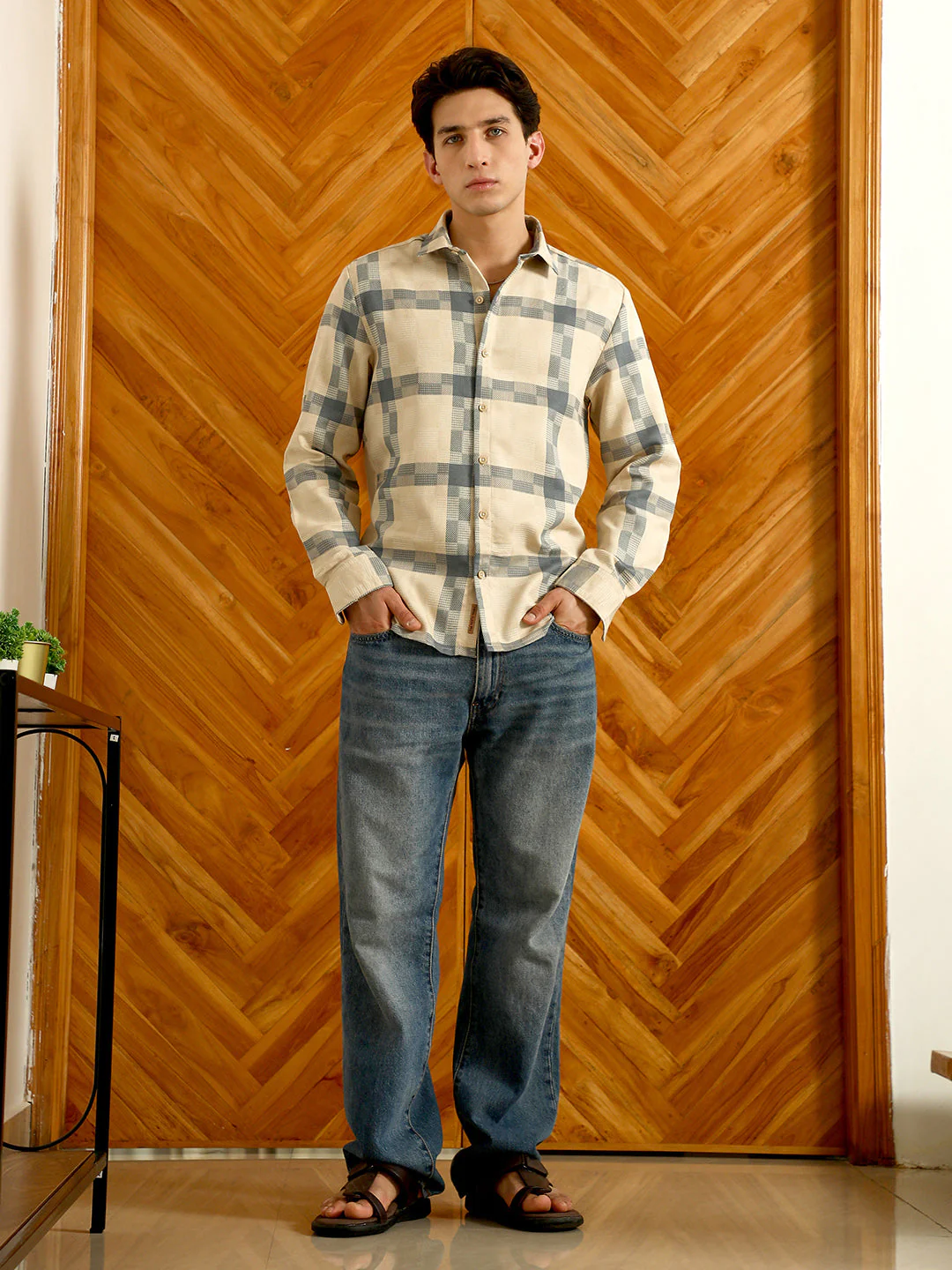 Beige And Blue Checkered Cotton Blend Full Sleeve Shirt - Image 5