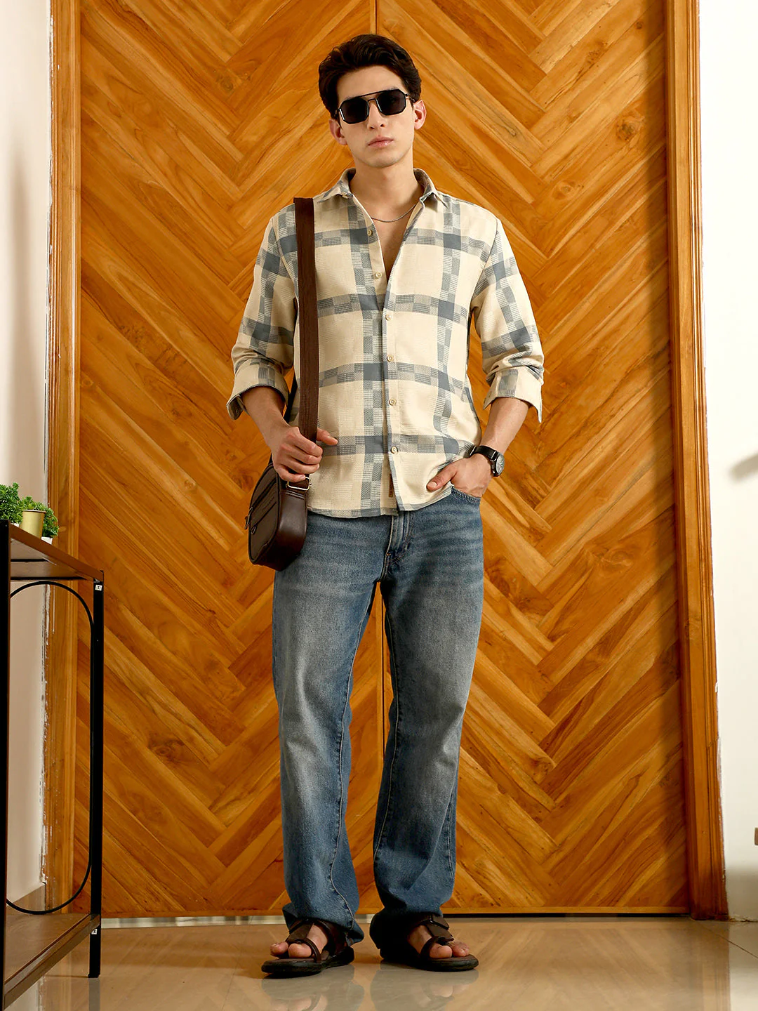 Beige And Blue Checkered Cotton Blend Full Sleeve Shirt - Image 6