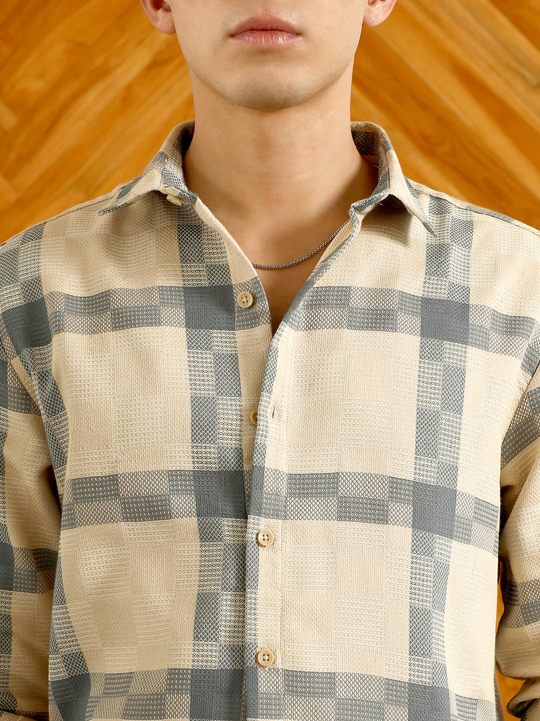 Beige And Blue Checkered Cotton Blend Full Sleeve Shirt - Image 7