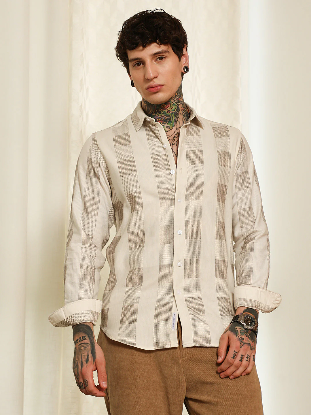 Beige Checkered Cotton Blend Full Sleeve Shirt - Image 2