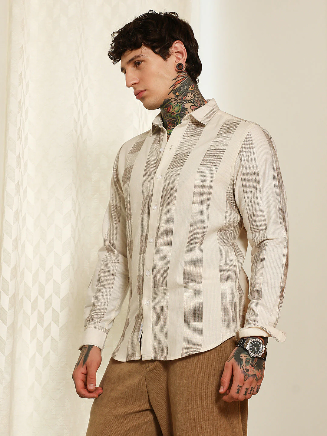 Beige Checkered Cotton Blend Full Sleeve Shirt - Image 3
