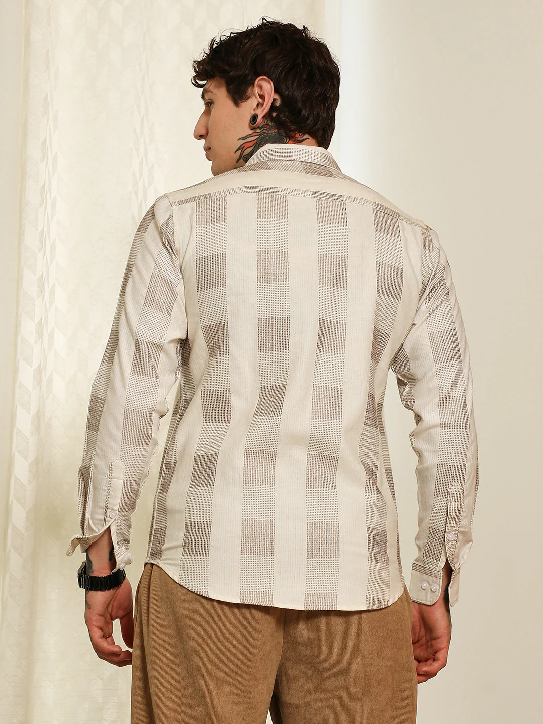 Beige Checkered Cotton Blend Full Sleeve Shirt - Image 4