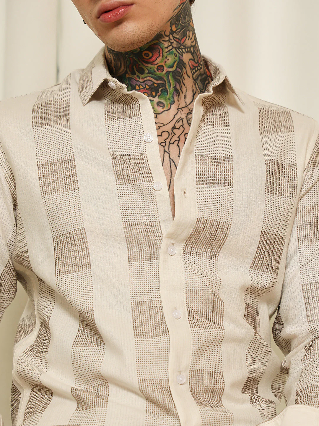 Beige Checkered Cotton Blend Full Sleeve Shirt - Image 7