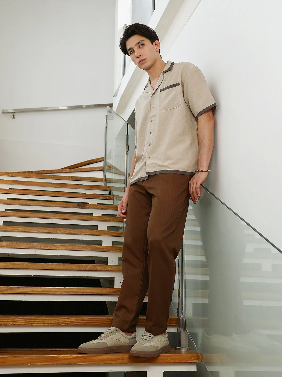 Beige Cuban Collar Shirt with Dark Brown Accents - Image 5