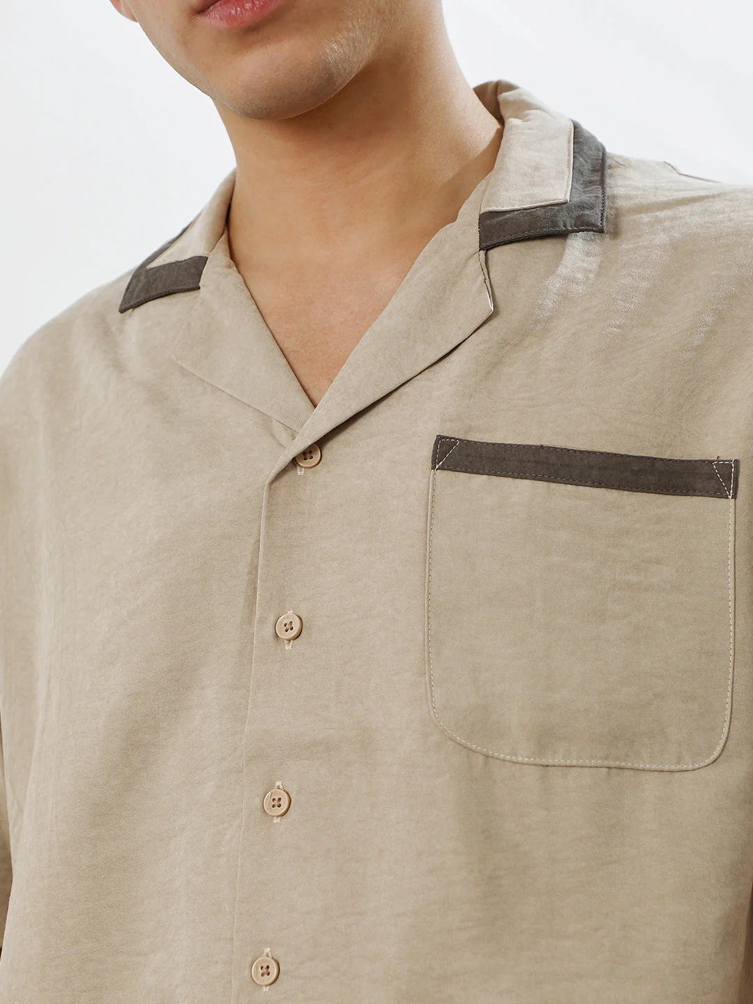 Beige Cuban Collar Shirt with Dark Brown Accents - Image 7