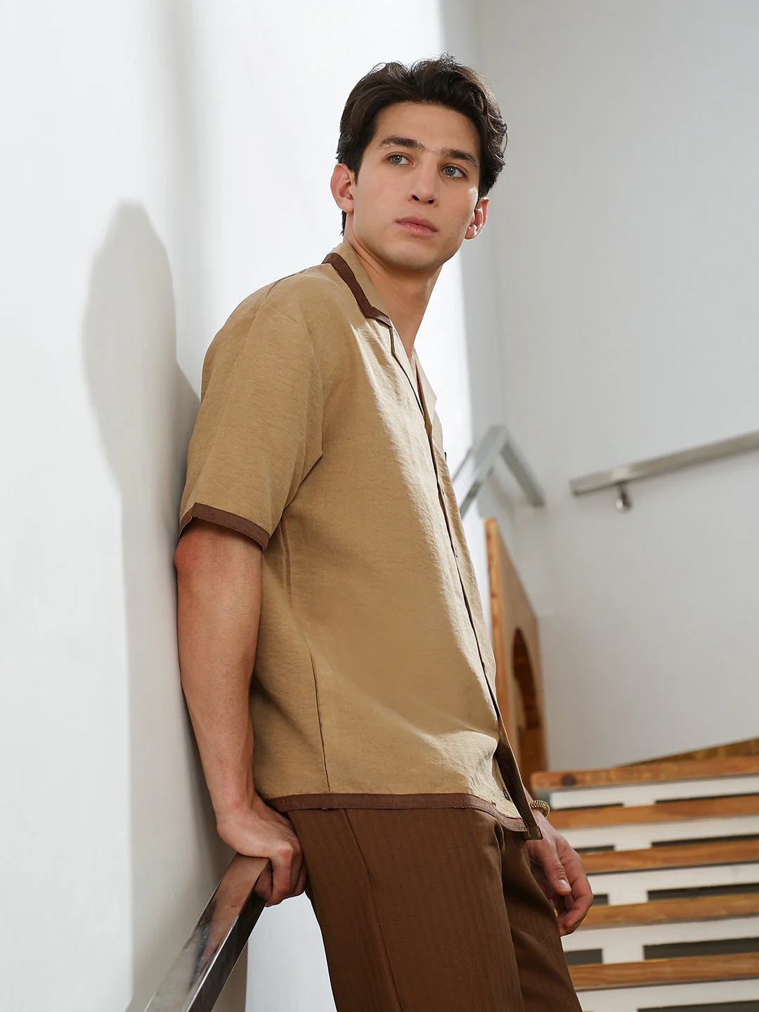 Beige Cuban Collar Short Sleeve Shirt - Image 3