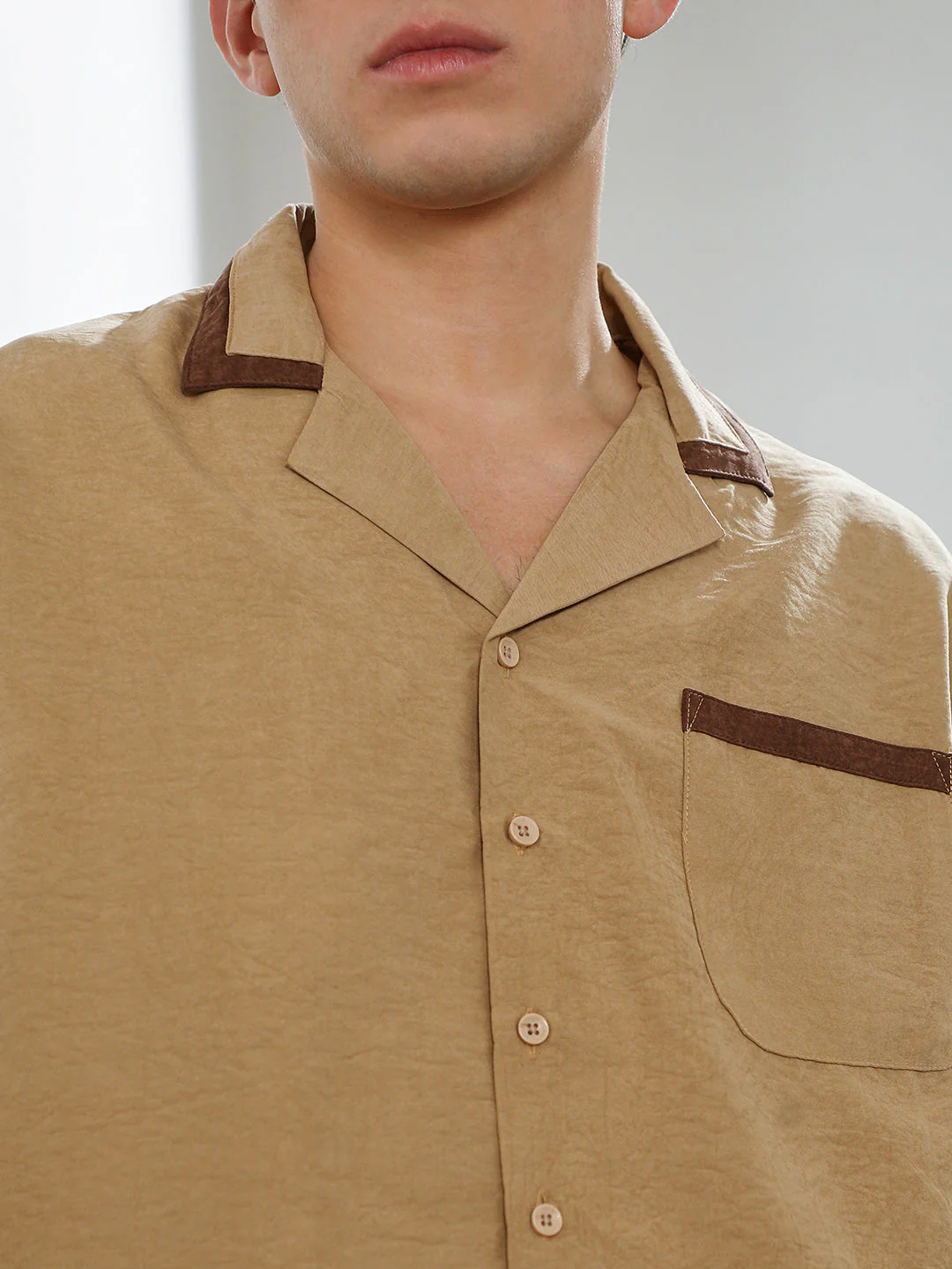 Beige Cuban Collar Short Sleeve Shirt - Image 7