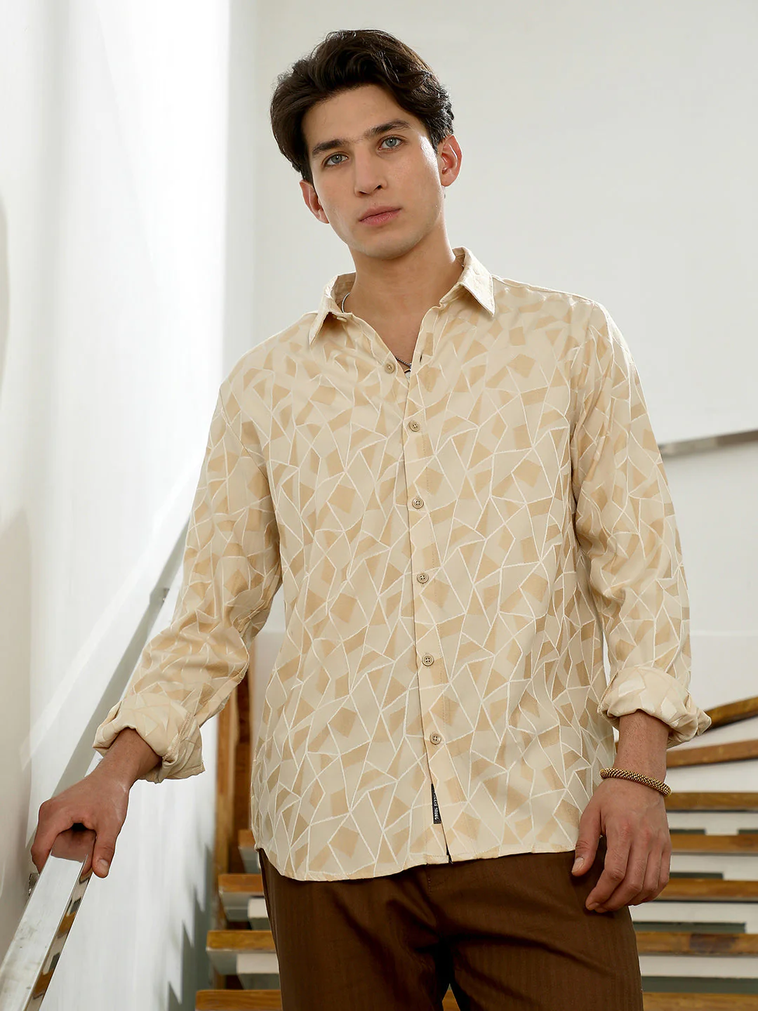 Beige Geometric Pattern Cotton Blend Full Sleeve Shirt - Image 2