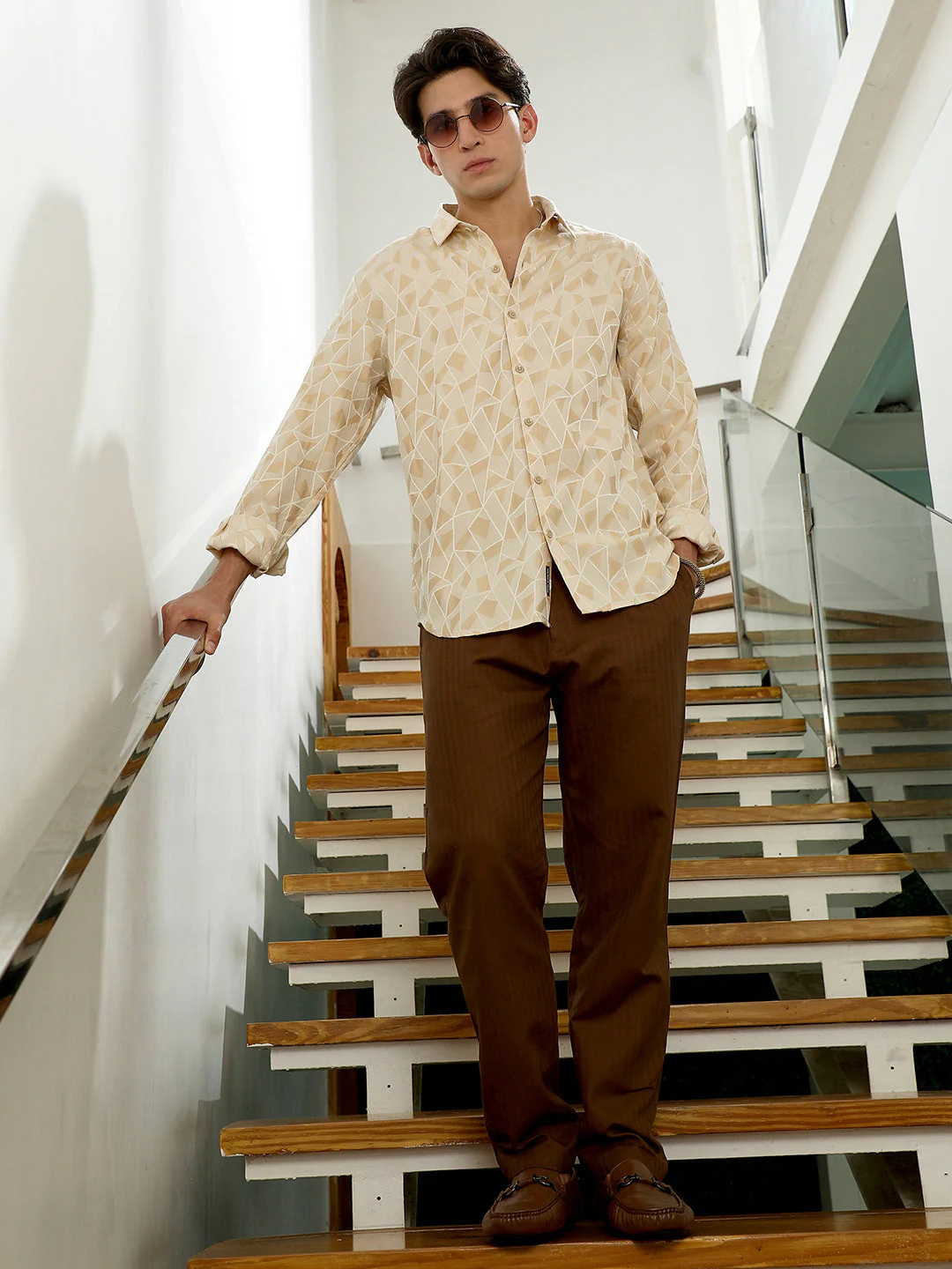 Beige Geometric Pattern Cotton Blend Full Sleeve Shirt - Image 6