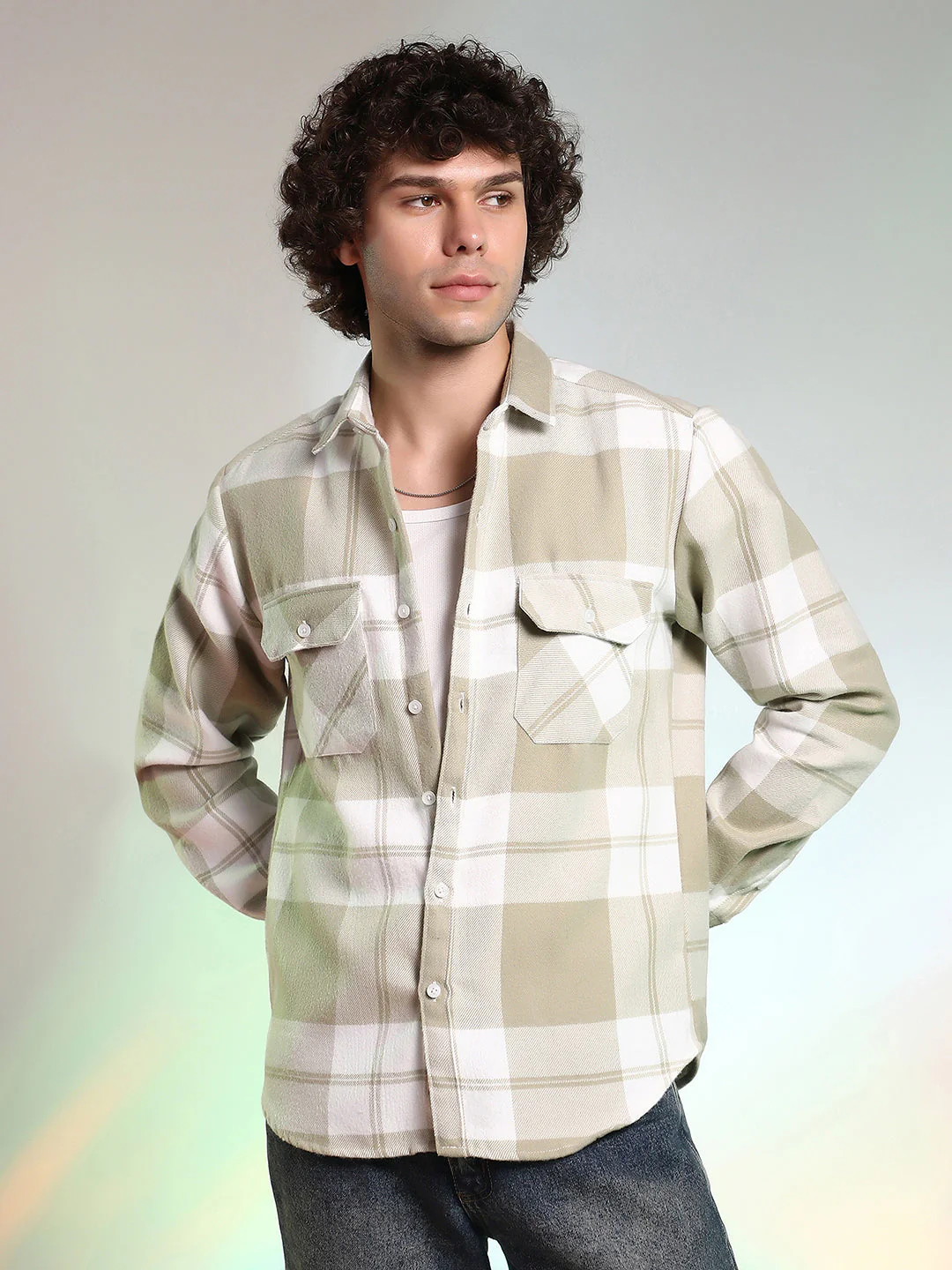 Beige Plaid Cotton Shirt With Full Sleeves - Image 2