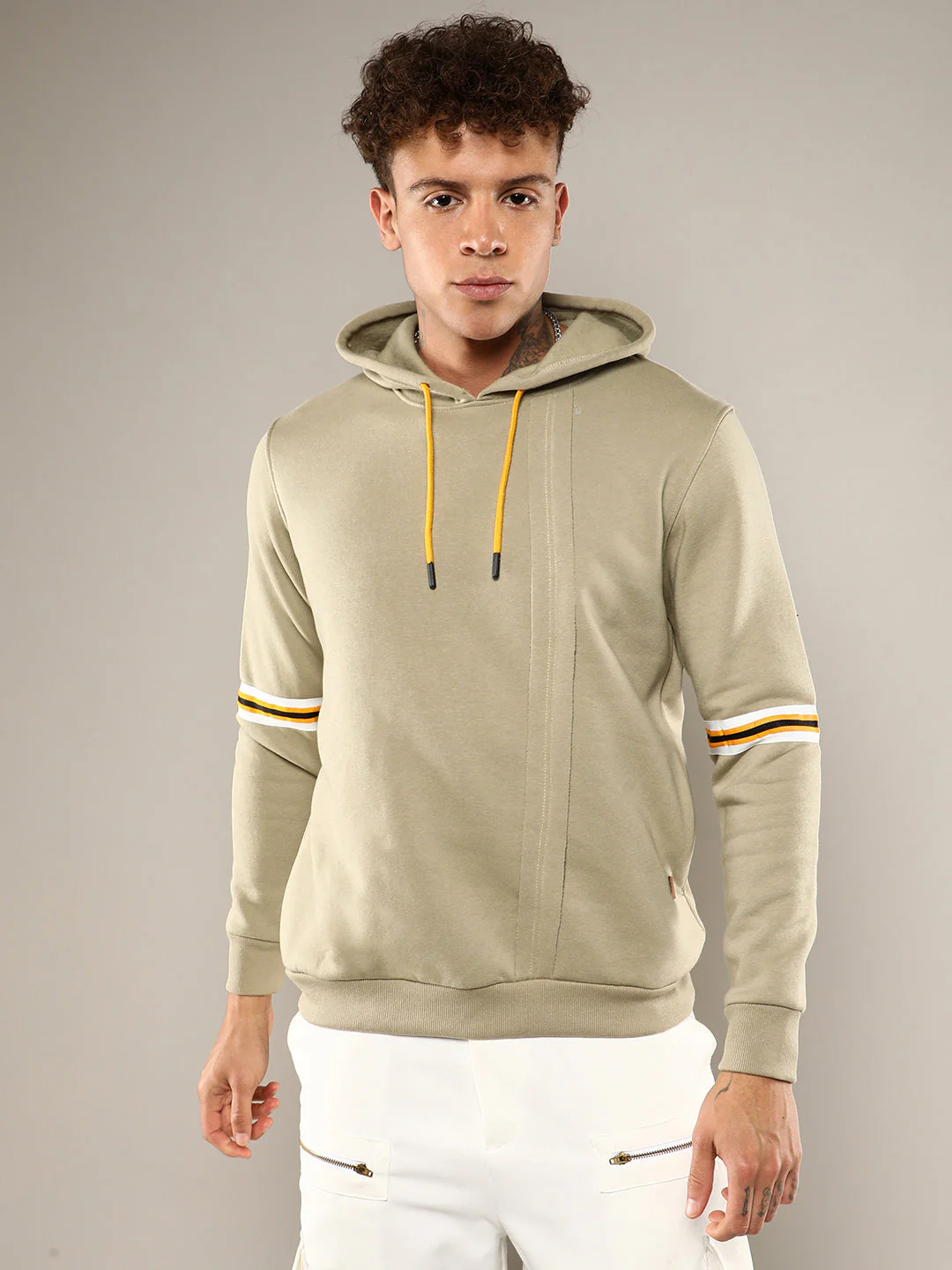 Pullover Hoodie With Contrast Striped Sleeve - Image 2