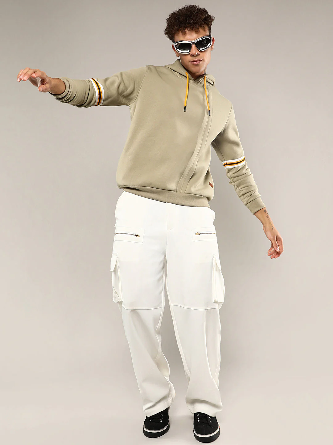 Pullover Hoodie With Contrast Striped Sleeve - Image 6