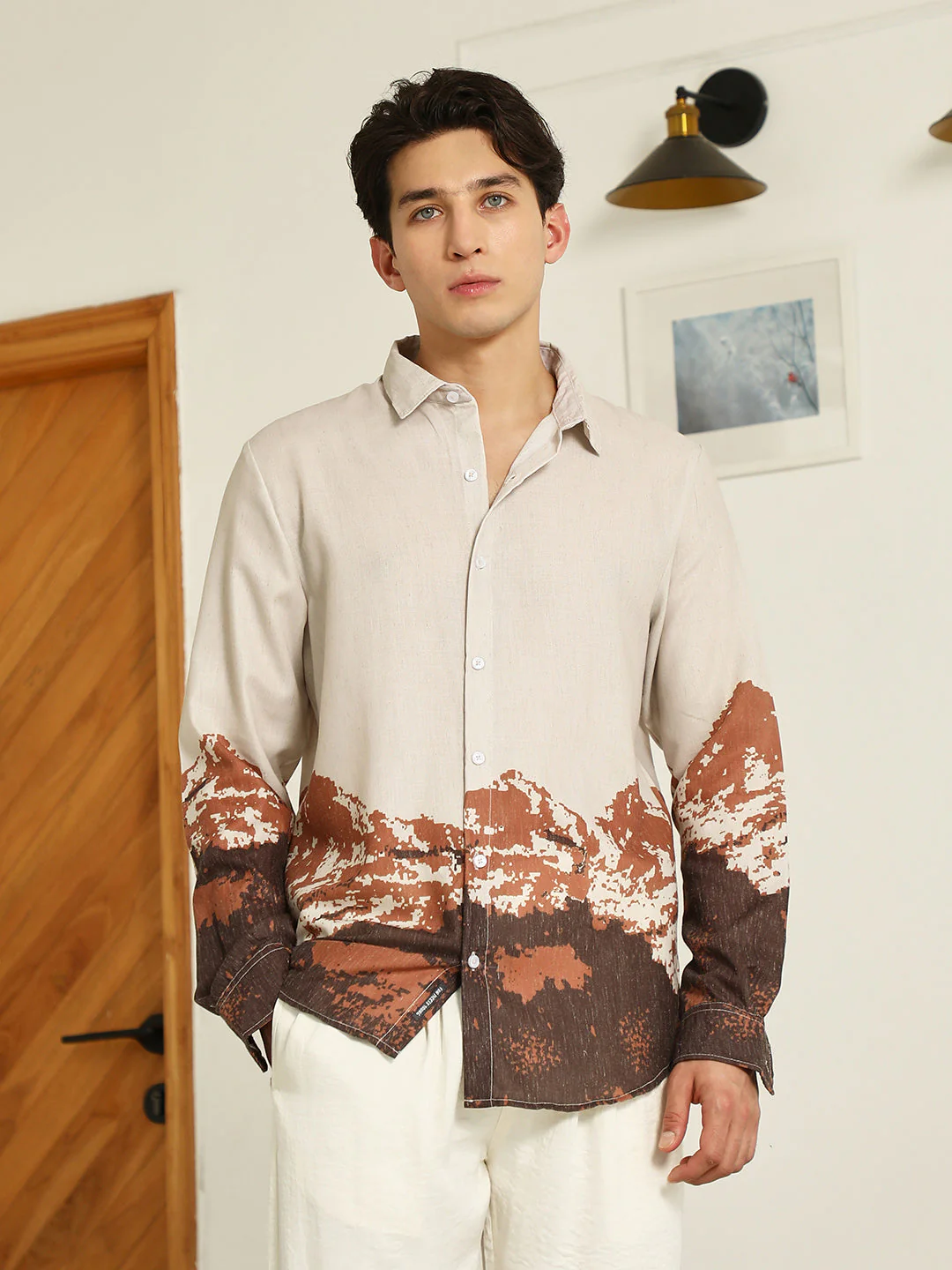 Beige Rayon Shirt With Abstract Mountain Print - Image 2