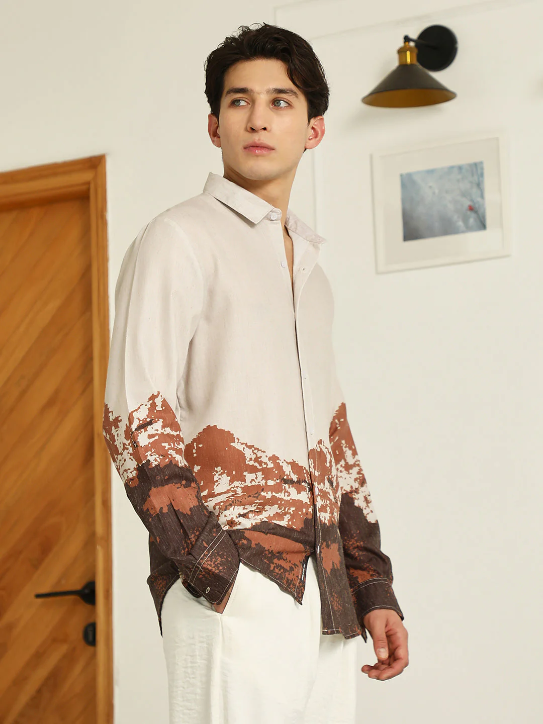 Beige Rayon Shirt With Abstract Mountain Print - Image 3