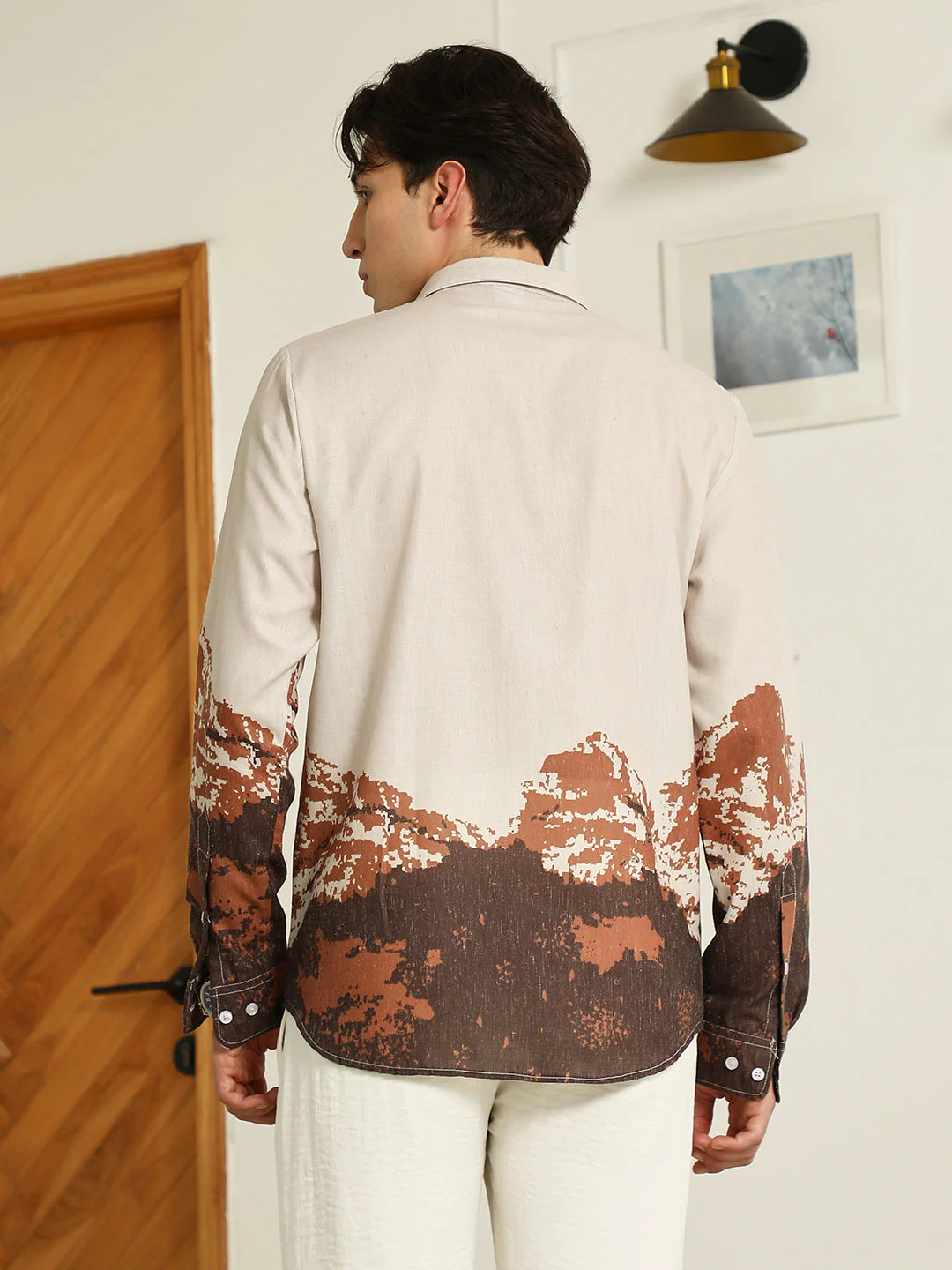 Beige Rayon Shirt With Abstract Mountain Print - Image 4
