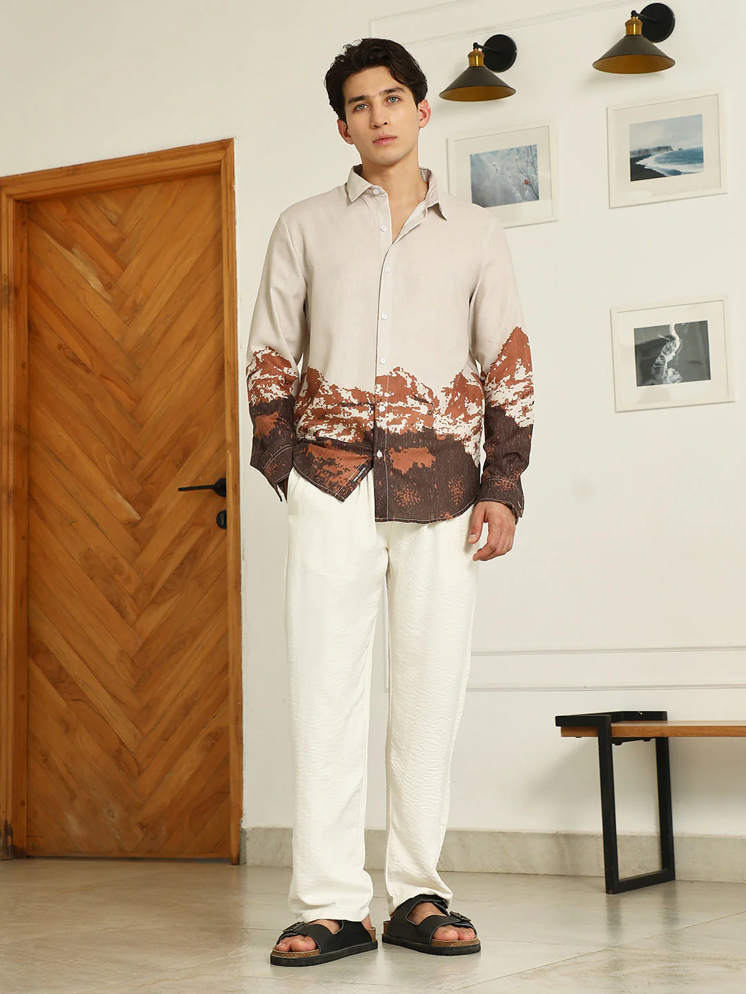 Beige Rayon Shirt With Abstract Mountain Print - Image 5