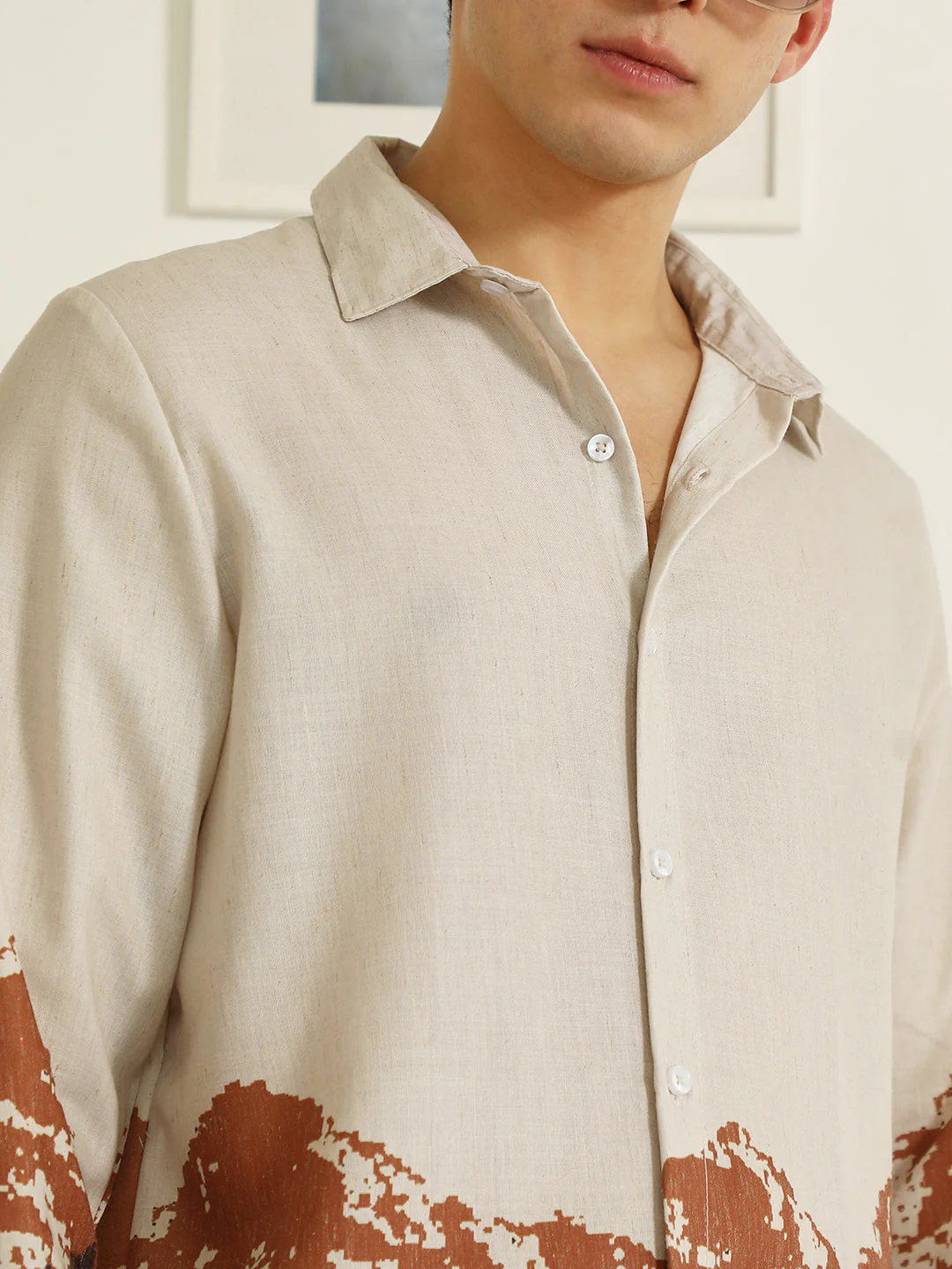 Beige Rayon Shirt With Abstract Mountain Print - Image 7