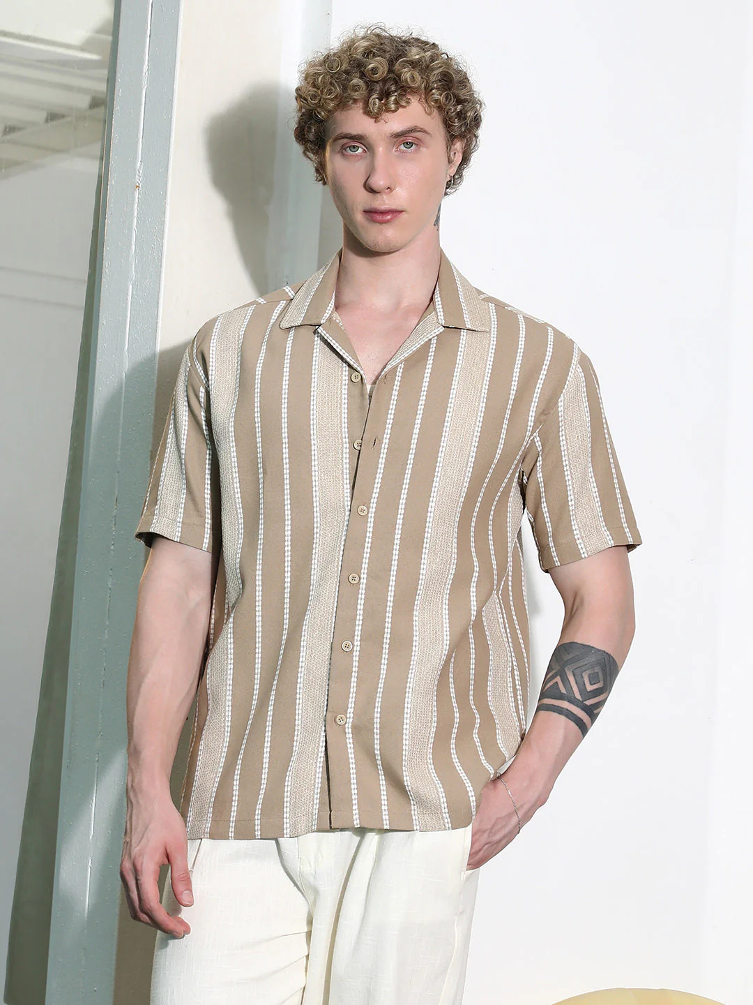 Beige Striped Cuban Collar Shirt - Image 2
