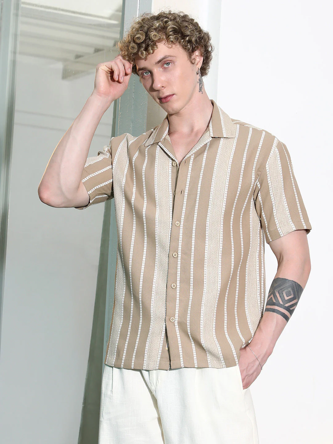Beige Striped Cuban Collar Shirt - Image 3