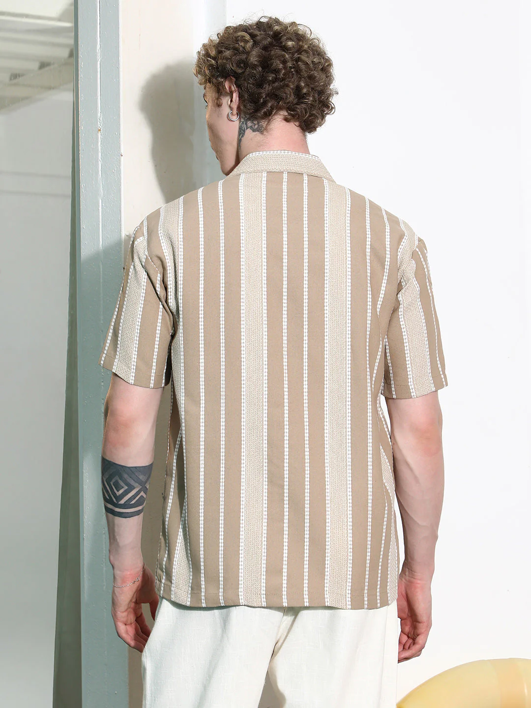 Beige Striped Cuban Collar Shirt - Image 4