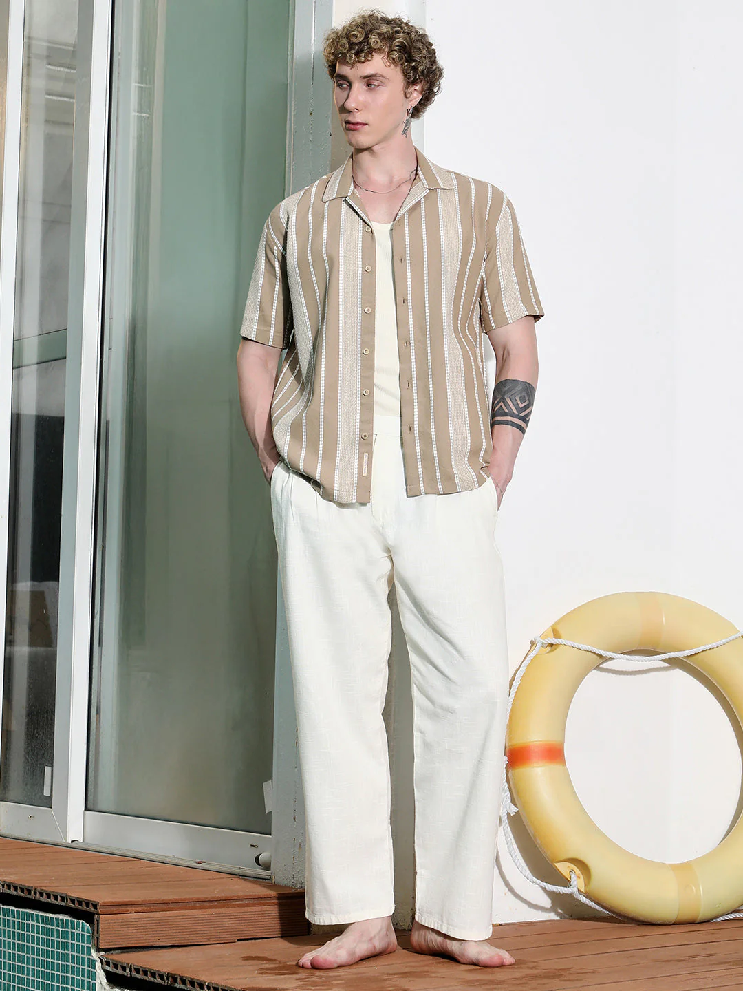 Beige Striped Cuban Collar Shirt - Image 5