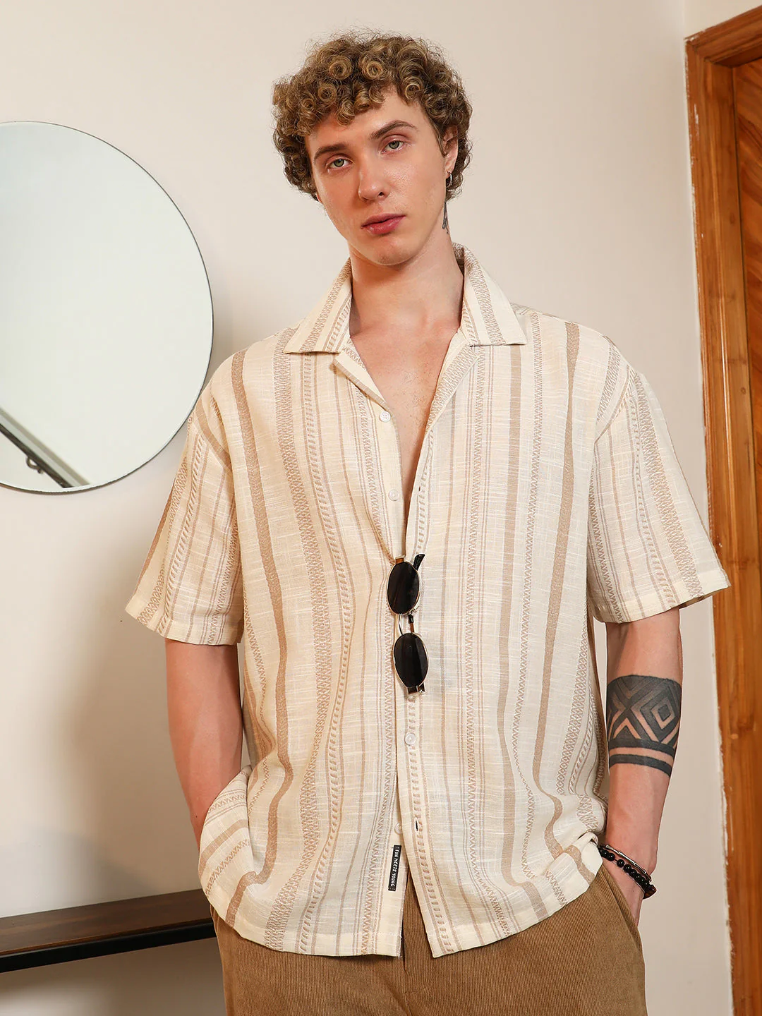 Beige Striped Cuban Collar Shirt