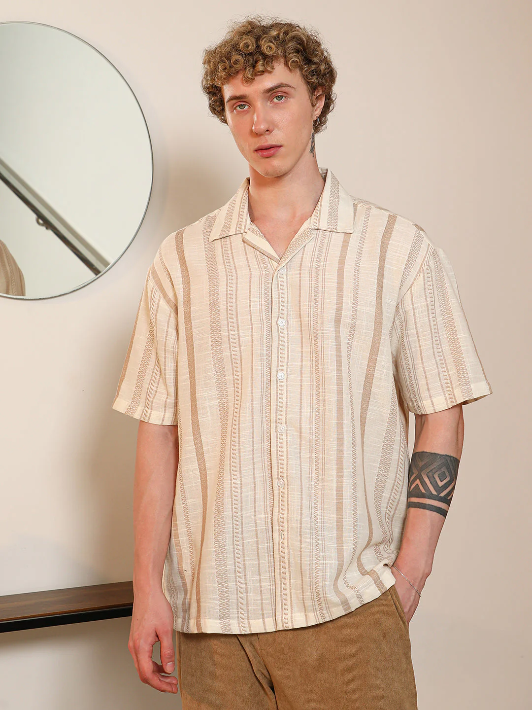 Beige Striped Cuban Collar Shirt - Image 2