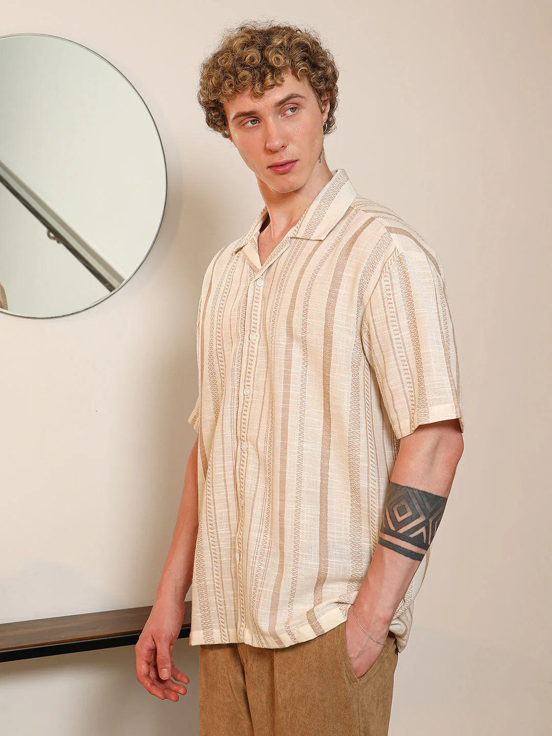 Beige Striped Cuban Collar Shirt - Image 3