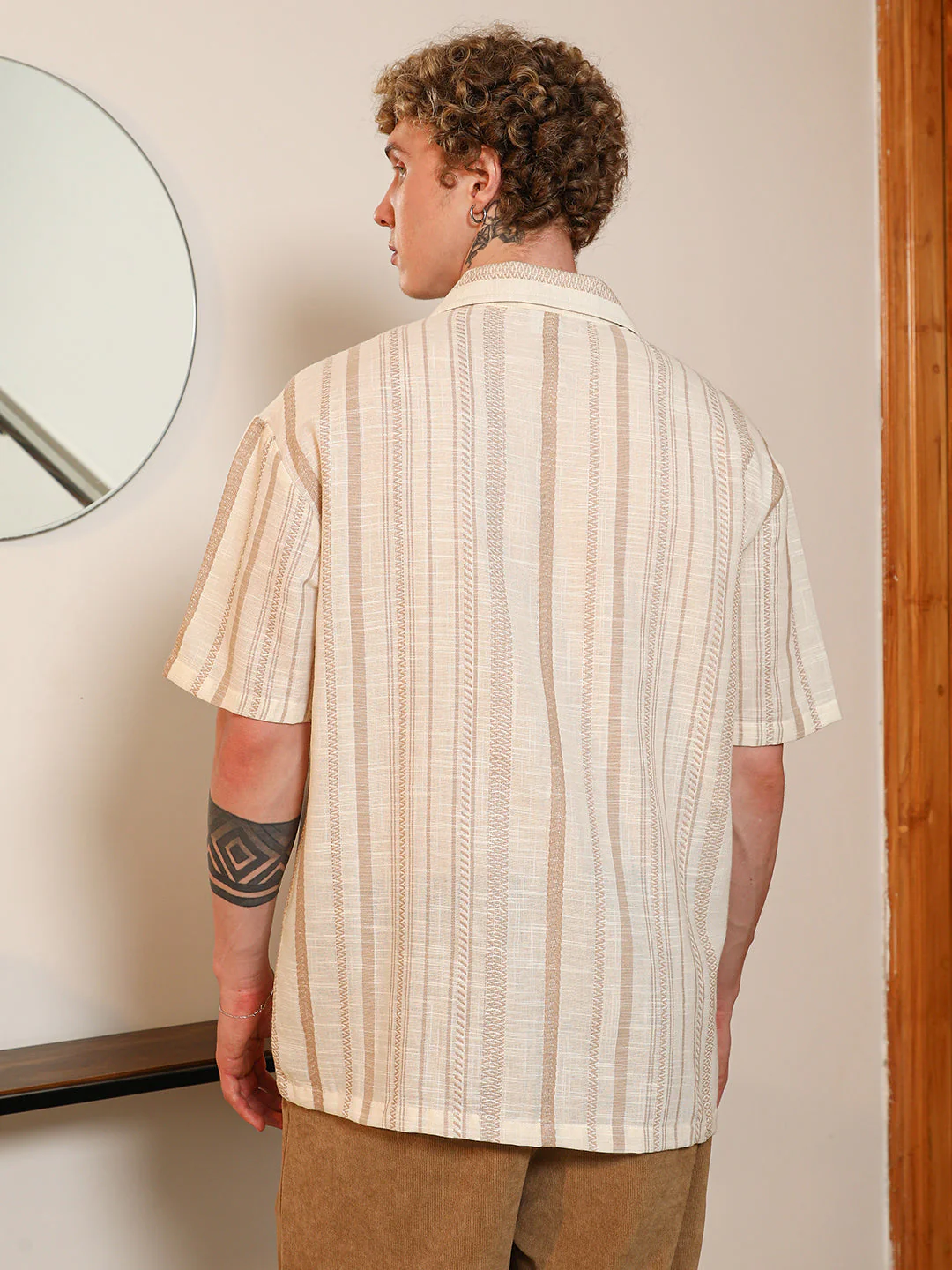 Beige Striped Cuban Collar Shirt - Image 4