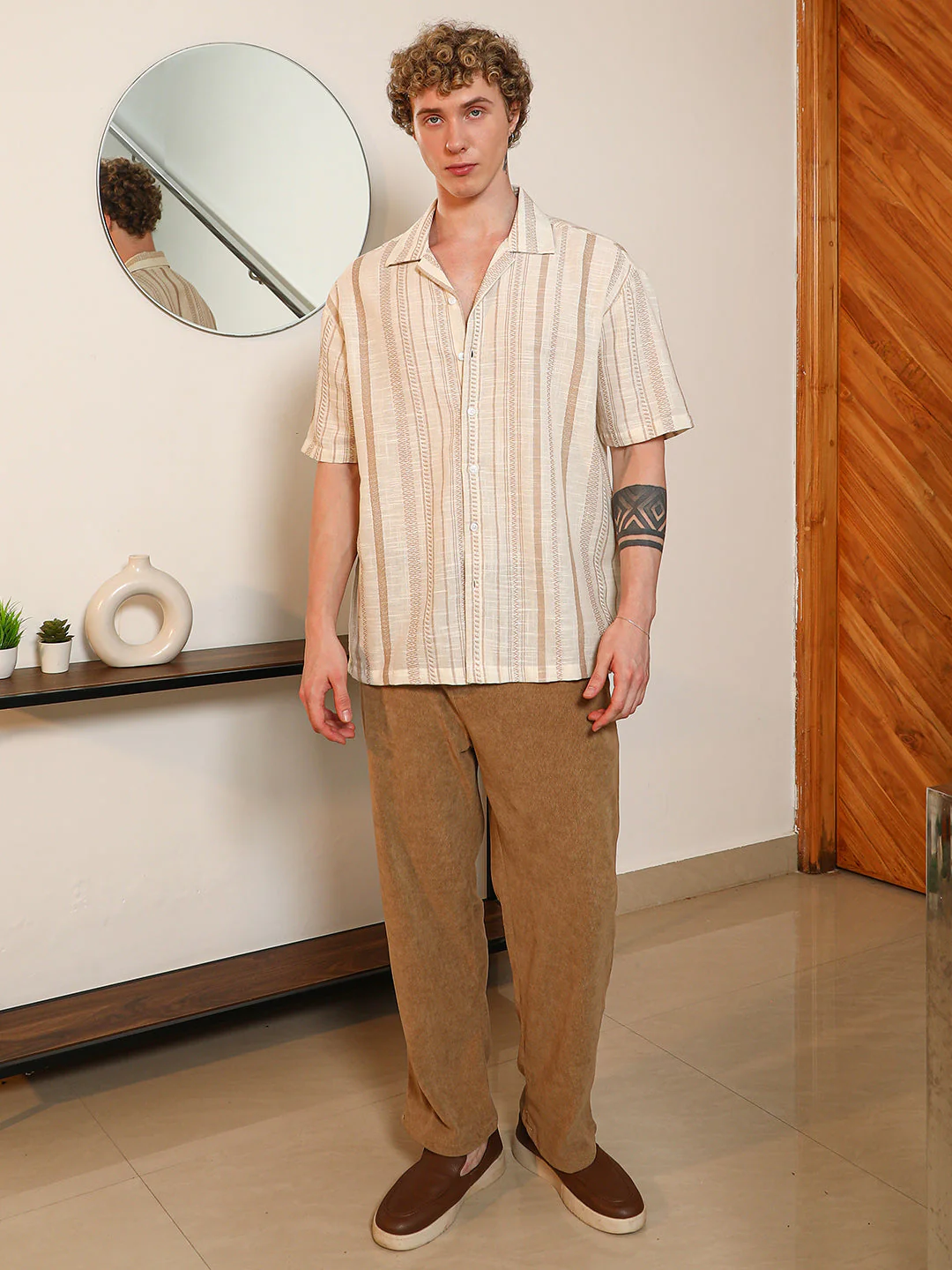 Beige Striped Cuban Collar Shirt - Image 5