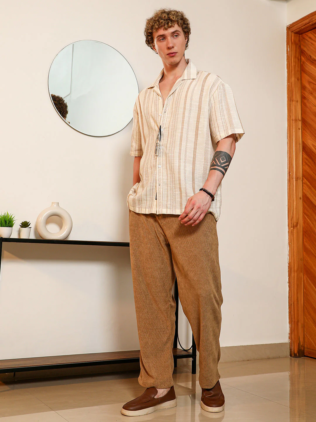 Beige Striped Cuban Collar Shirt - Image 6