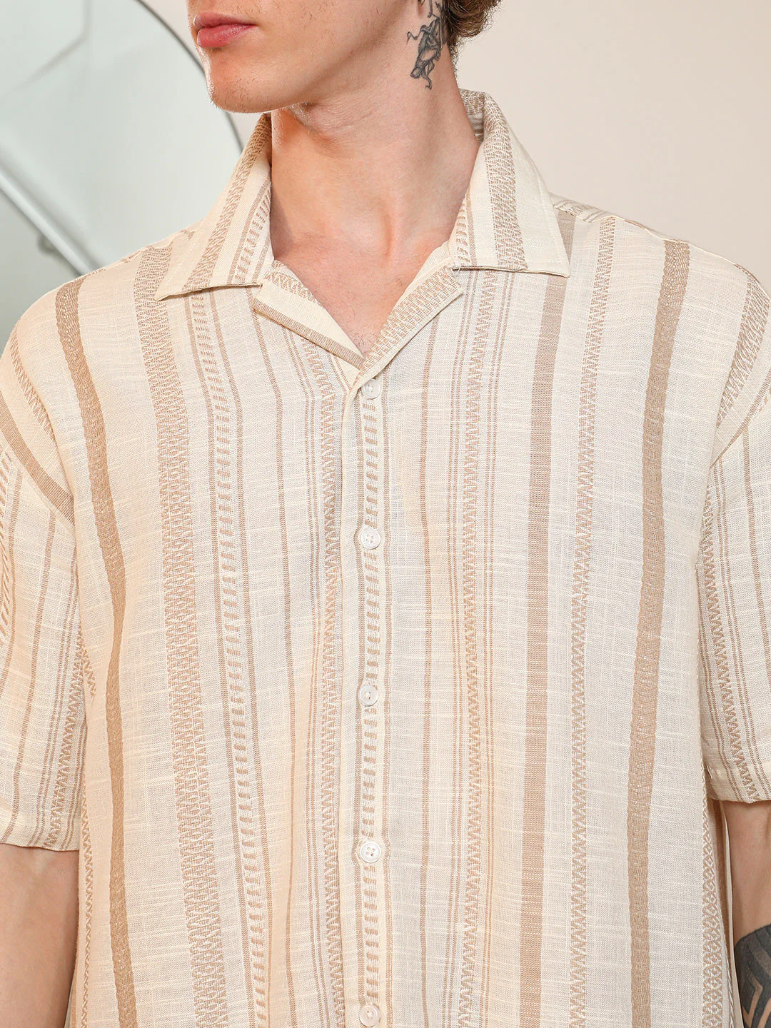 Beige Striped Cuban Collar Shirt - Image 7