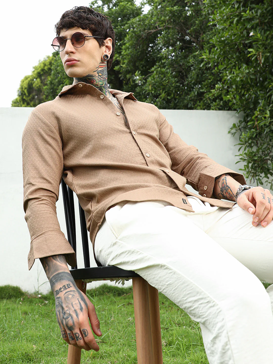Beige Textured Cotton Blend Full Sleeve Shirt