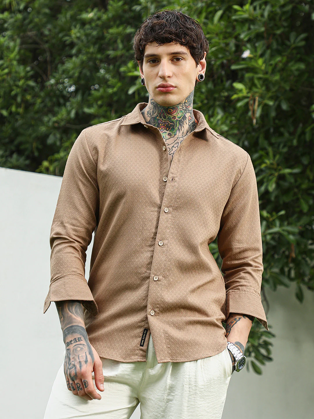 Beige Textured Cotton Blend Full Sleeve Shirt - Image 2