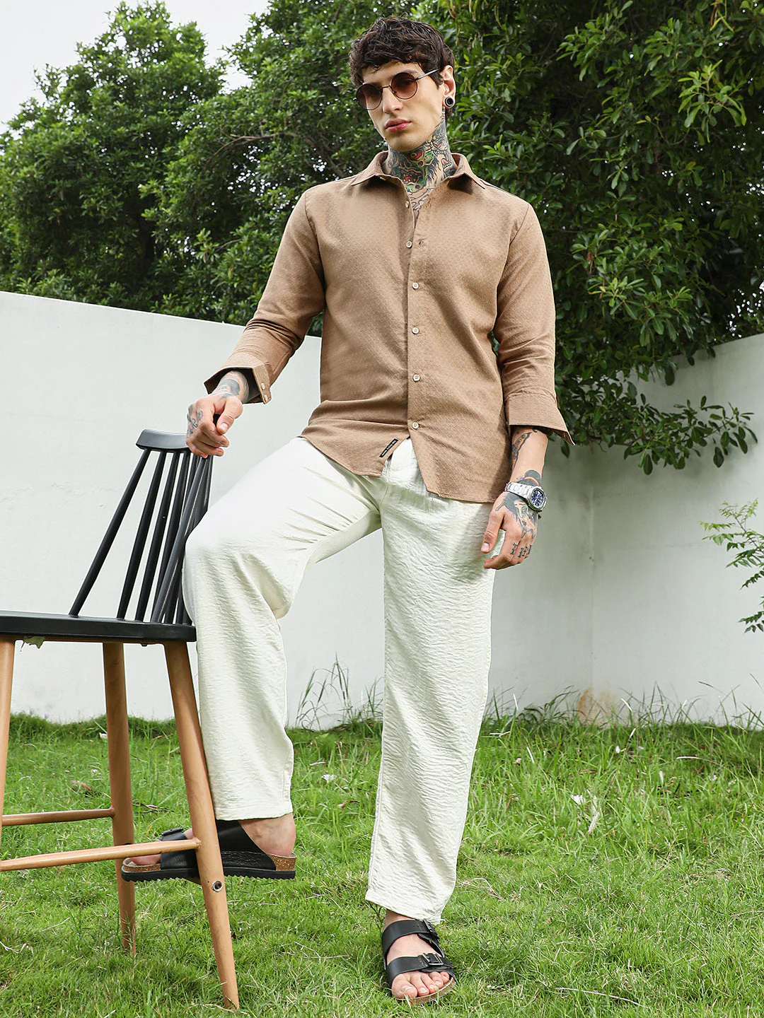Beige Textured Cotton Blend Full Sleeve Shirt - Image 6