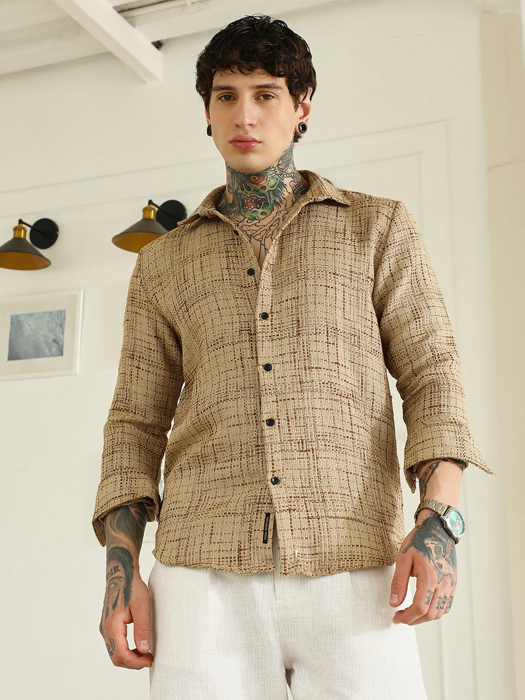 Beige Textured Cotton-Polyester Blend Shirt - Image 2