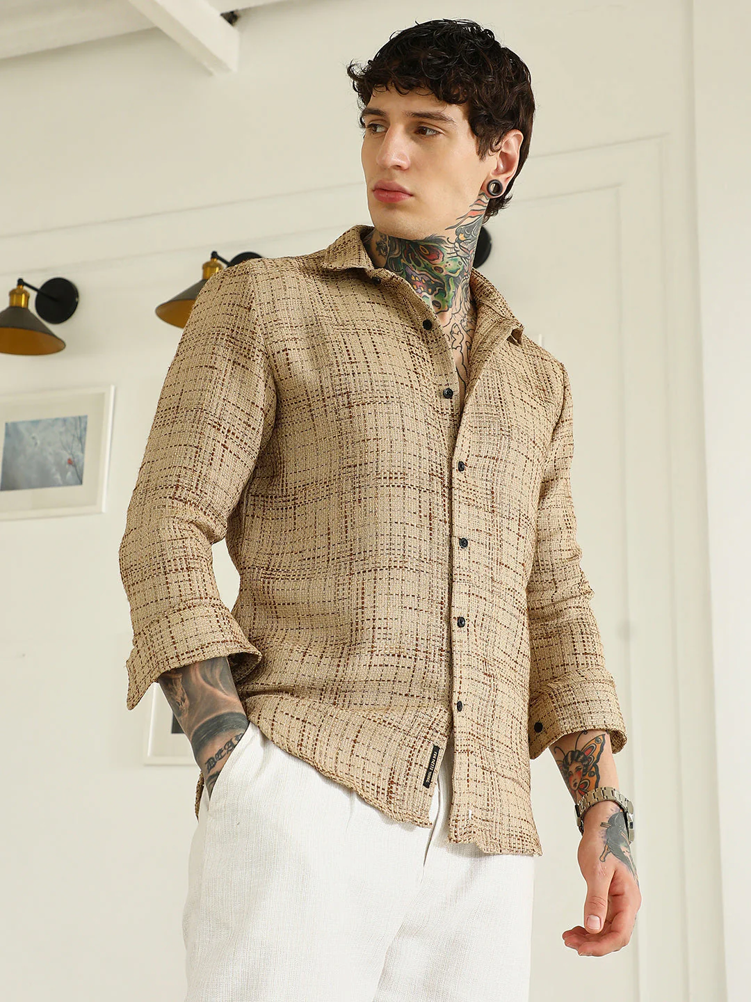 Beige Textured Cotton-Polyester Blend Shirt - Image 3