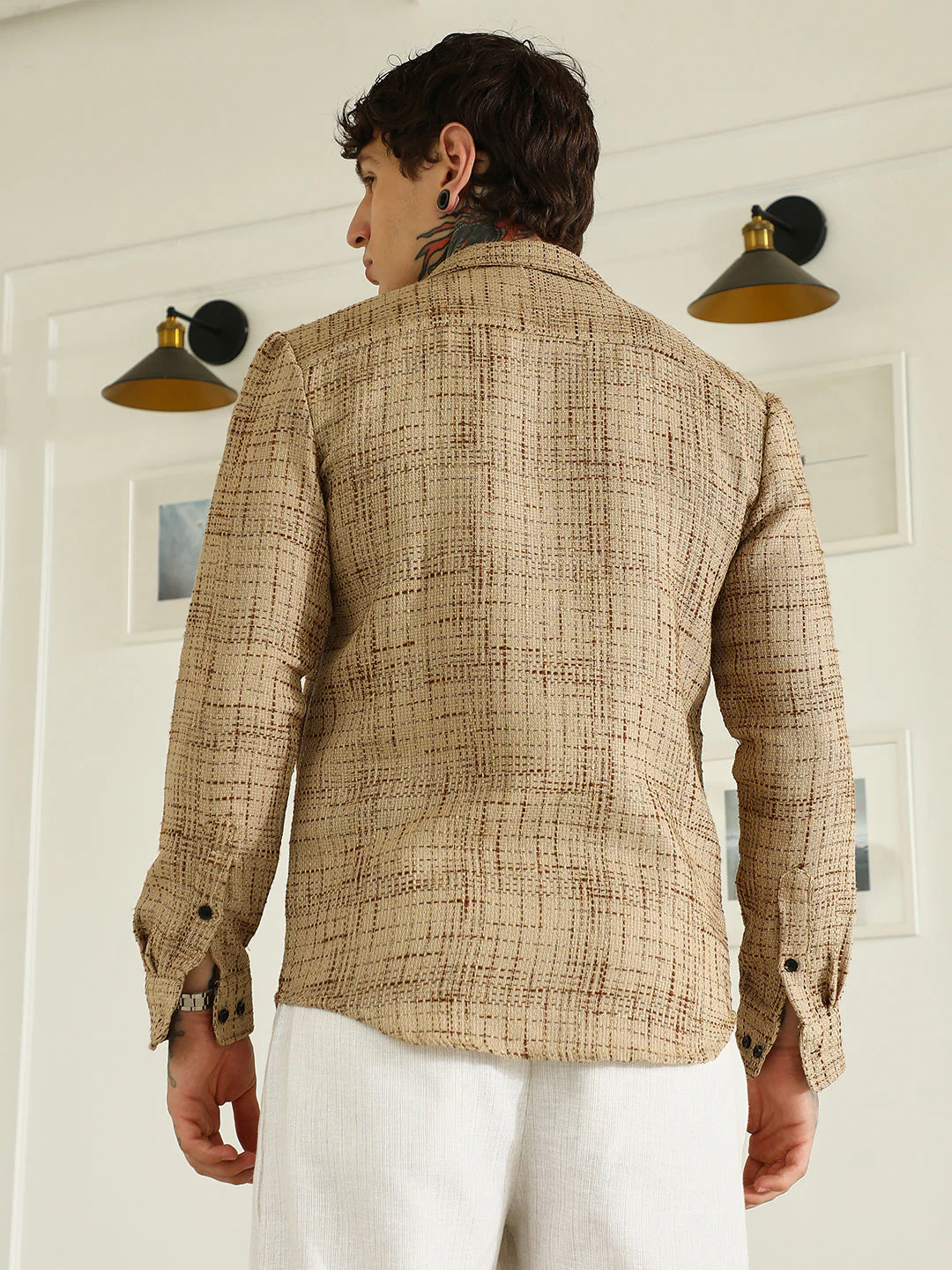 Beige Textured Cotton-Polyester Blend Shirt - Image 4