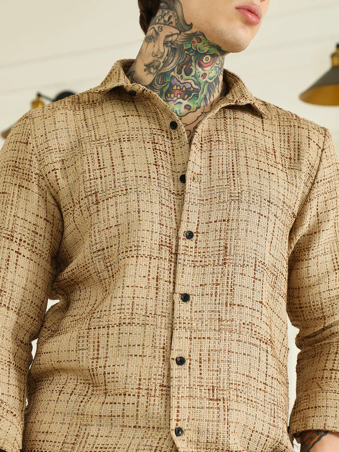 Beige Textured Cotton-Polyester Blend Shirt - Image 7