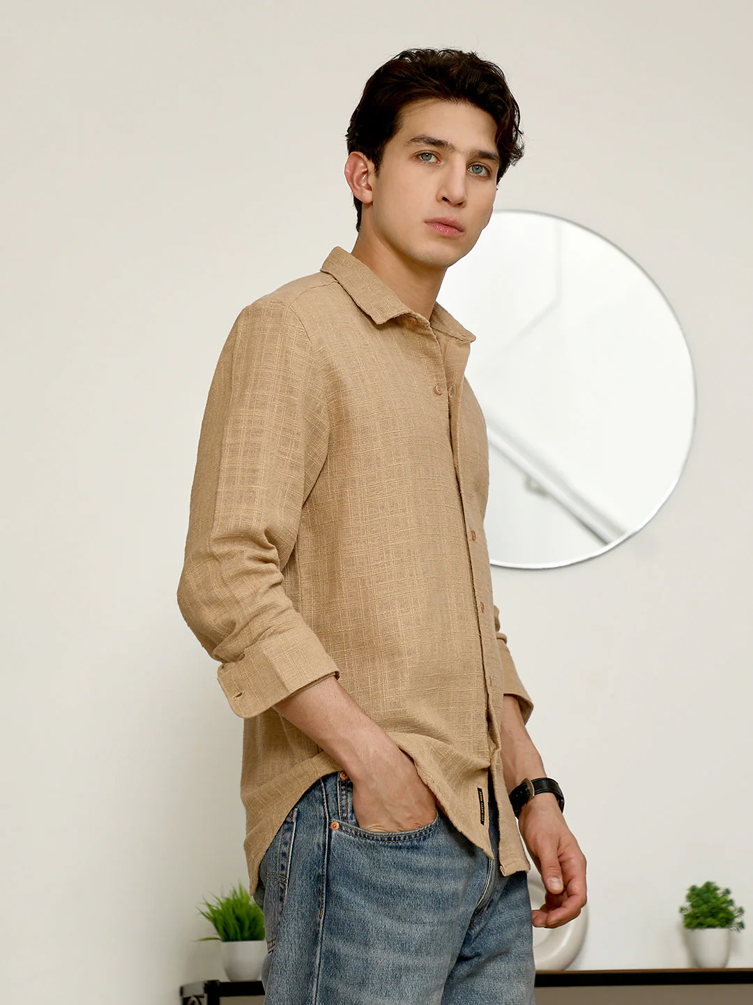 Beige Textured Full Sleeve Shirt - Image 3