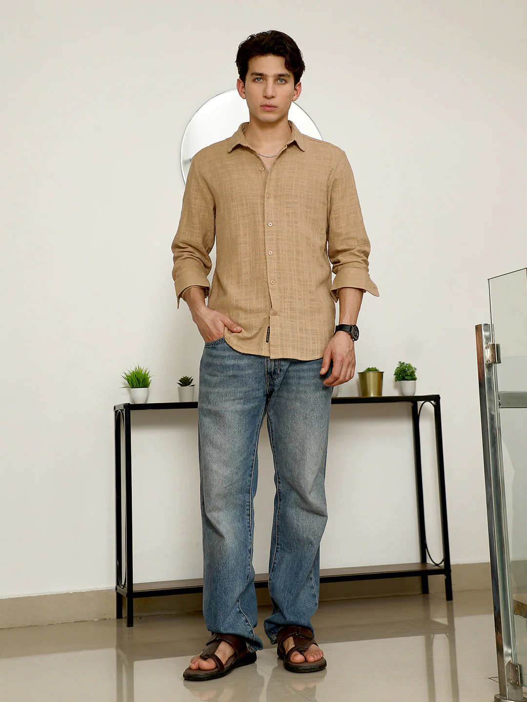 Beige Textured Full Sleeve Shirt - Image 5