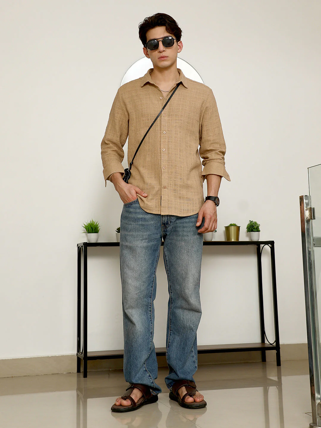 Beige Textured Full Sleeve Shirt - Image 6