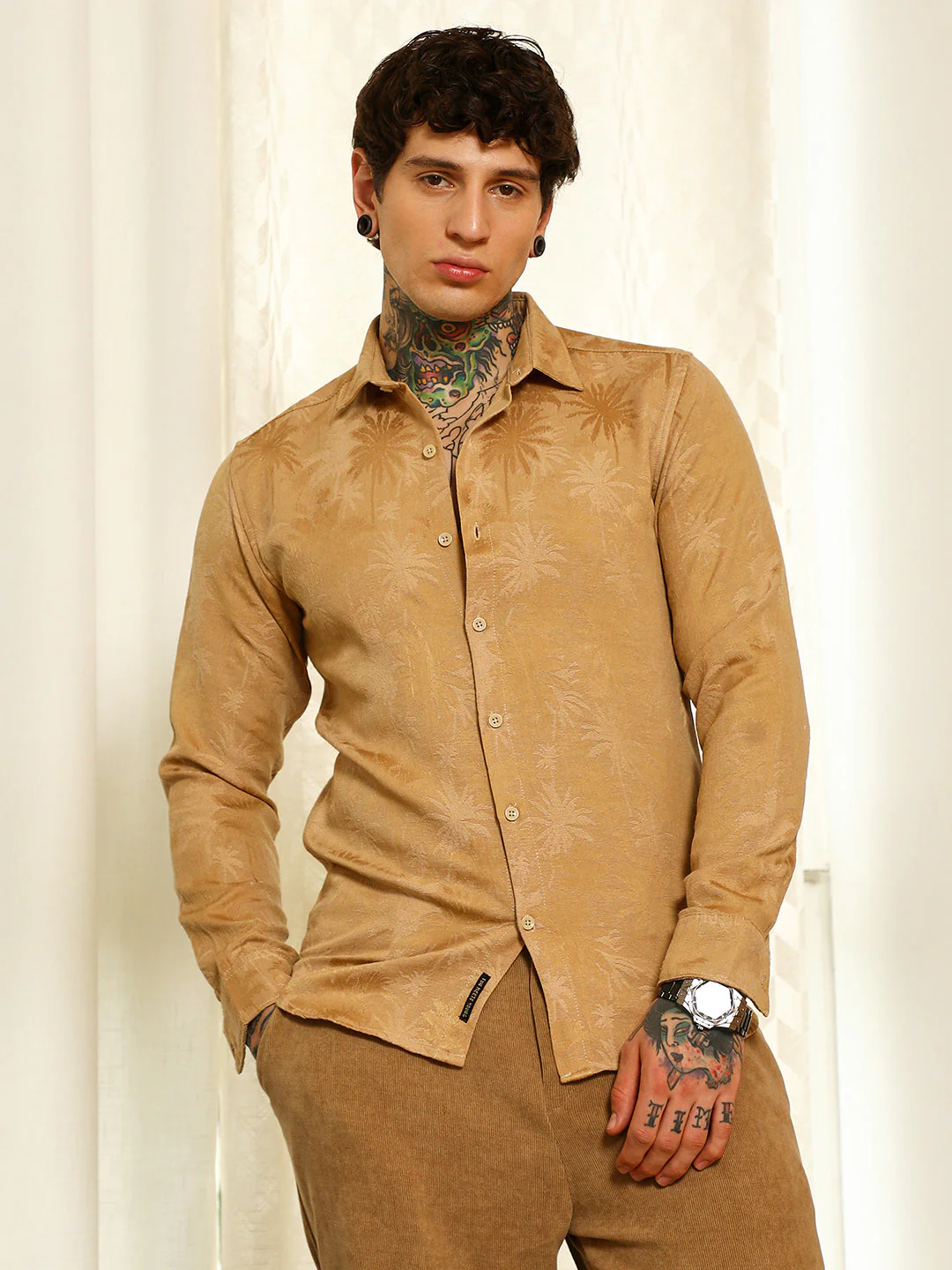 Beige Textured Slim Fit Shirt With Palm Tree Pattern - Image 2