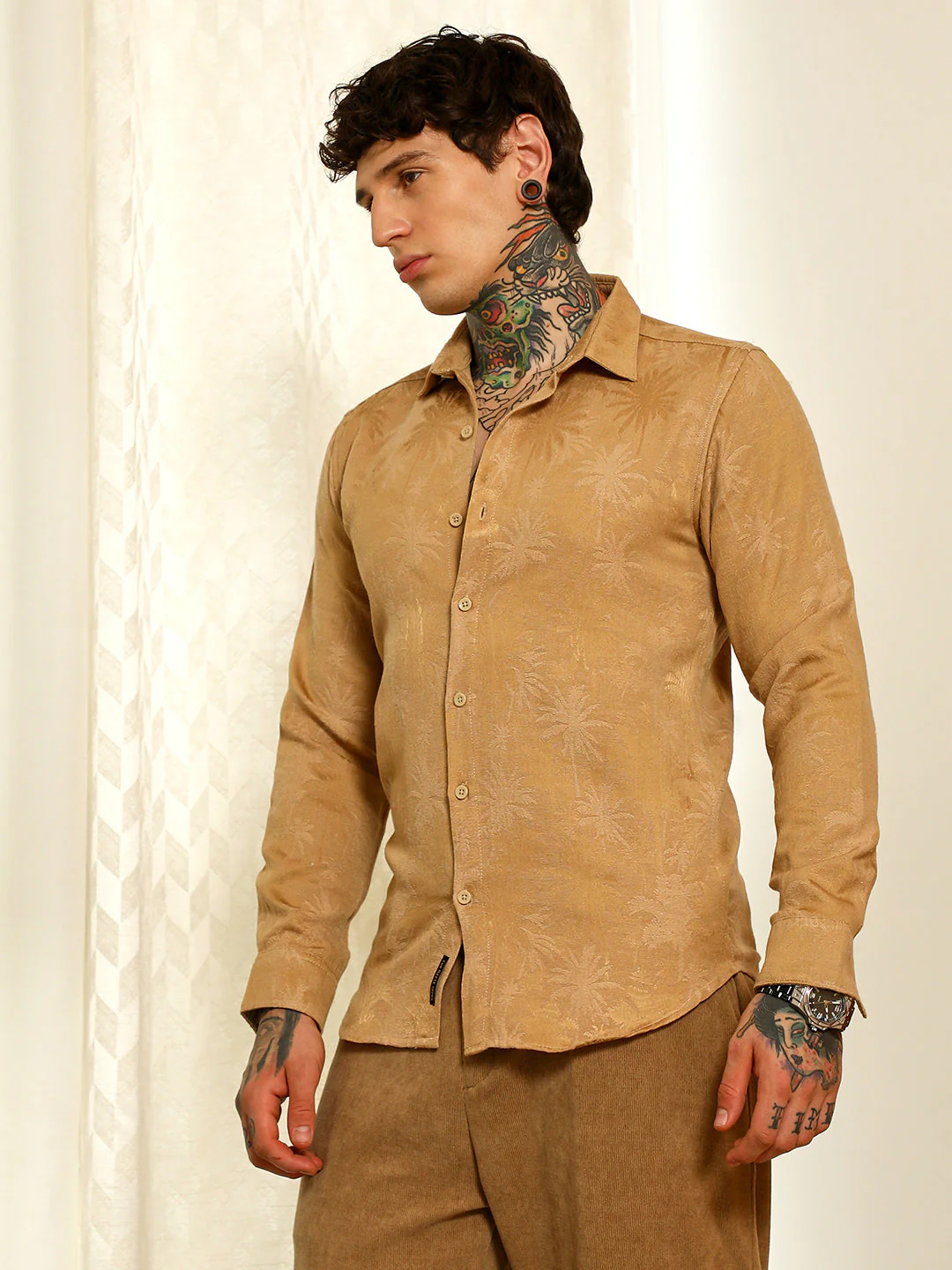 Beige Textured Slim Fit Shirt With Palm Tree Pattern - Image 3