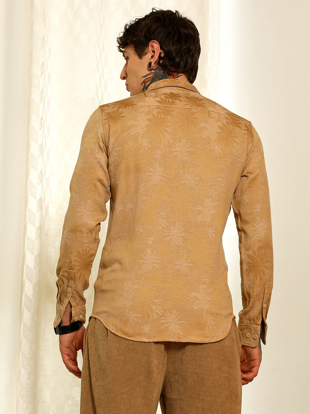 Beige Textured Slim Fit Shirt With Palm Tree Pattern - Image 4