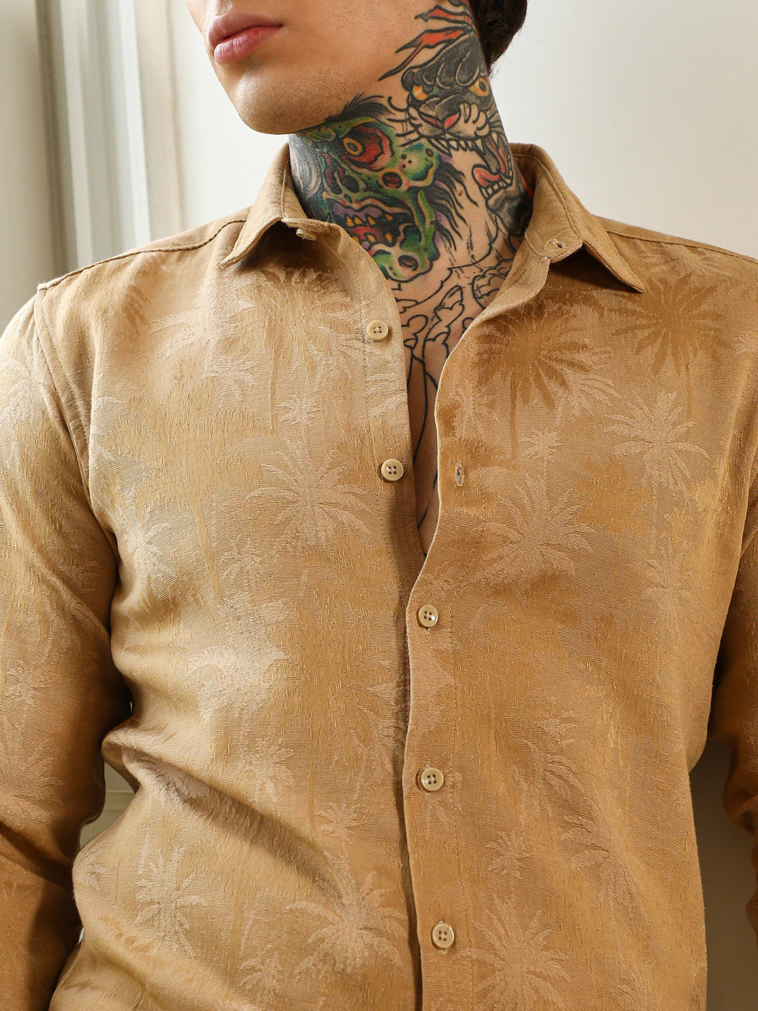 Beige Textured Slim Fit Shirt With Palm Tree Pattern - Image 7