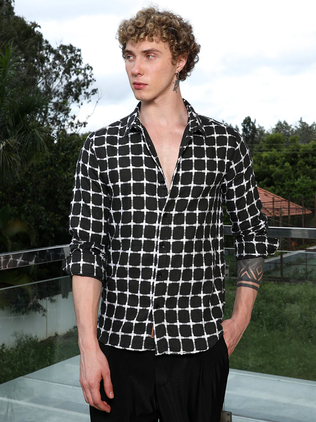 Black And White Checkered Cotton Shirt - Tailored Fit, Full Sleeves - Image 2