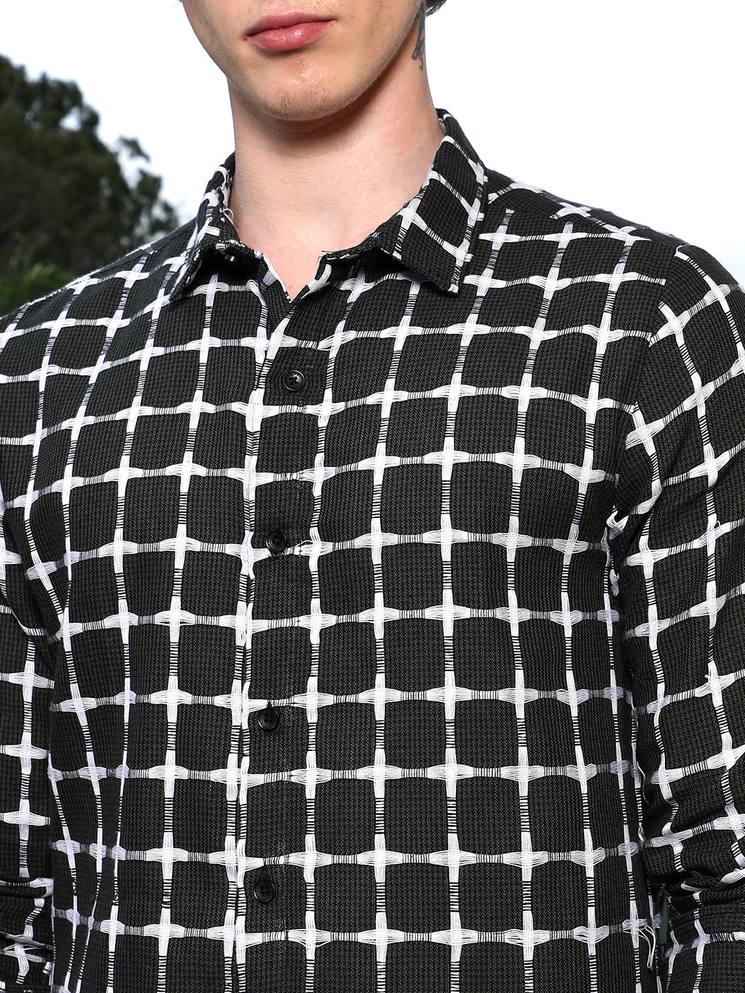 Black And White Checkered Cotton Shirt - Tailored Fit, Full Sleeves - Image 7