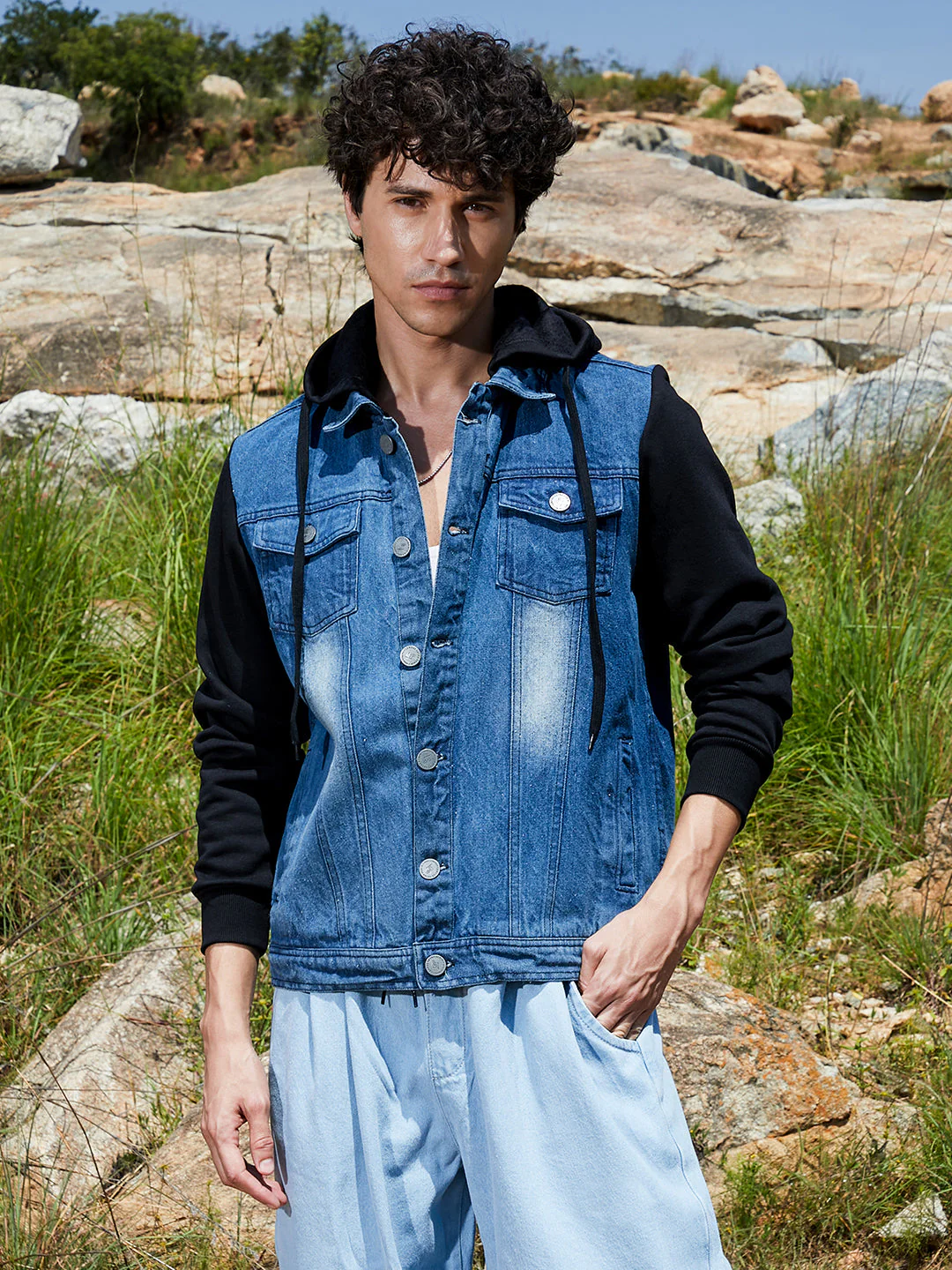 Medium-Wash Denim Jacket With Sweatshirt Sleeve - Image 2